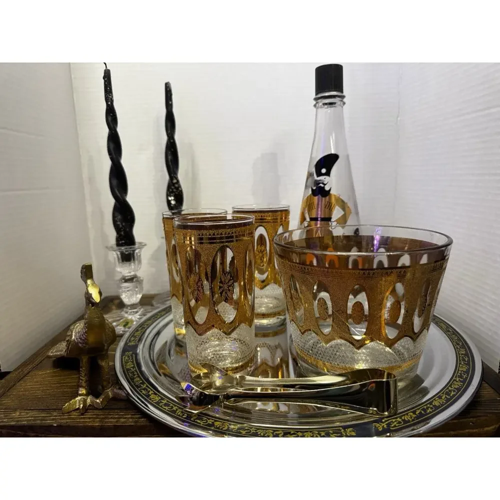 Vintage Gold MCM Libby Bar Set | 3 Glasses | Ice Bucket | Atomic Era | Mad Men